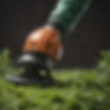 Close-up of electric weed trimmer in action