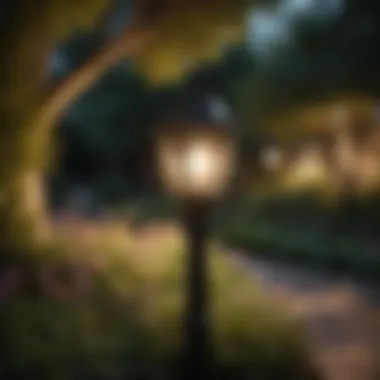 Glowing light emanating from a black vinyl lamp post in a serene garden setting