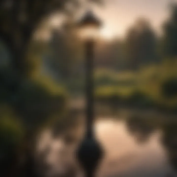 Reflection of a black vinyl lamp post in a tranquil pond at dusk