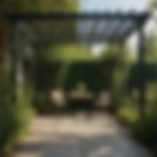 Stylish Black Pergola with Canopy surrounded by Lush Greenery