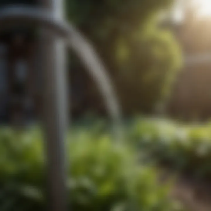 Close-up of in-ground hose stand with water droplets