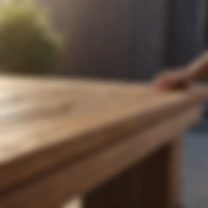Close-up of outdoor wood finish spray application on a bench