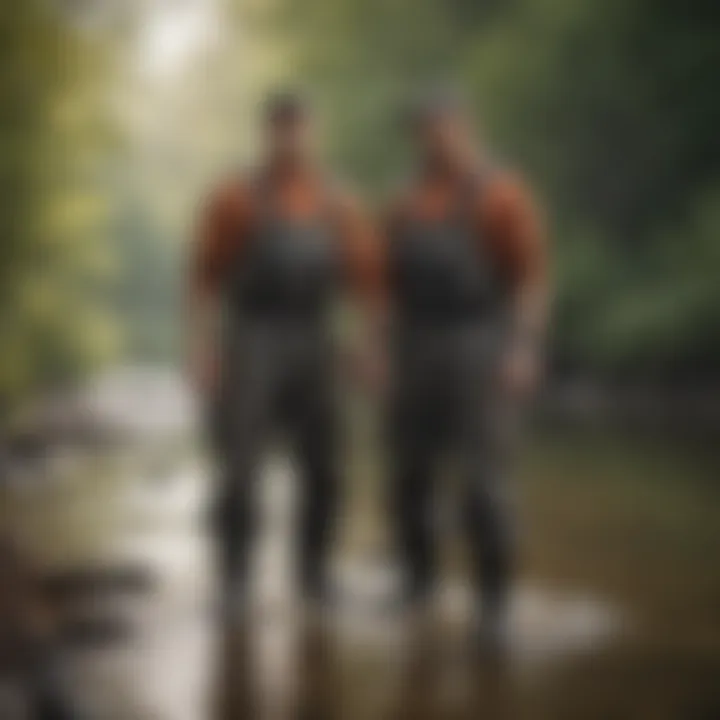 A pair of waterproof, durable fishing waders in a serene river setting