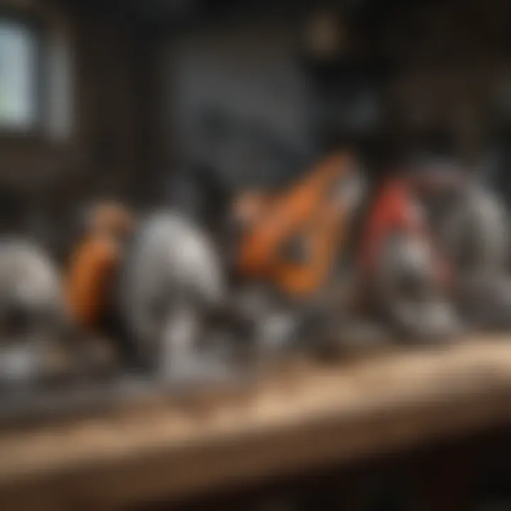Variety of Circular Saws on Display An assortment of circular saws displayed on a workshop bench