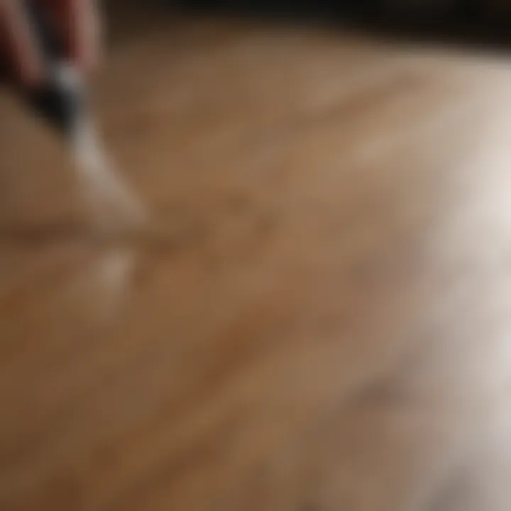 Close-up of water-based sanding sealer application on a wooden surface