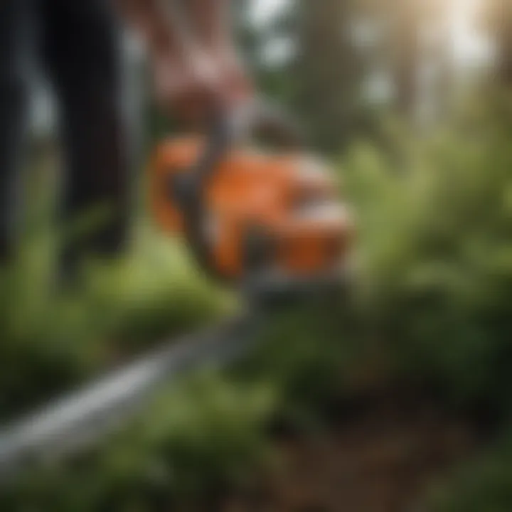 Close-up of the cutting blade of a battery powered shrub trimmer, highlighting its efficiency.