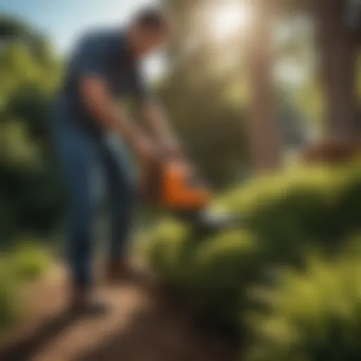 Ergonomic Design of Battery Powered Shrub Trimmer A sleek battery powered shrub trimmer in action, showcasing its ergonomic design.