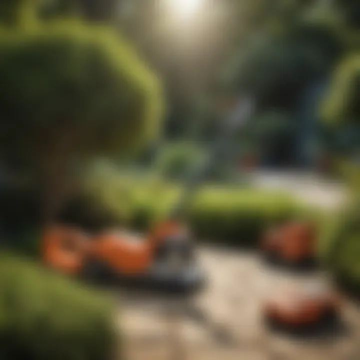 A battery powered shrub trimmer placed next to various garden tools, emphasizing versatility.