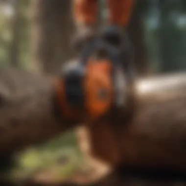 Professional gas chain saw cutting through thick tree trunk