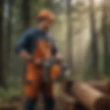 Gas chain saw user operating with safety gear in forest setting