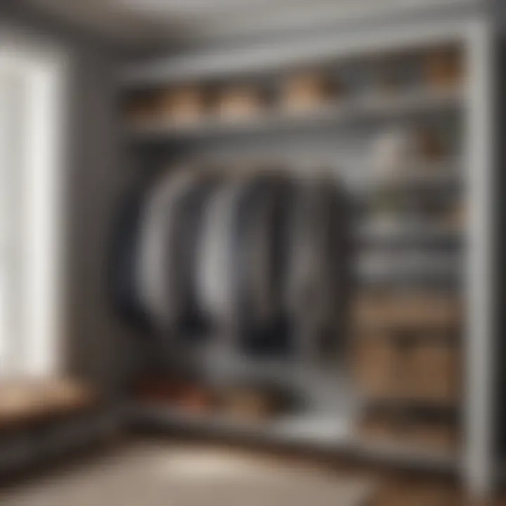 Illustration of an easy track shelving installation process in a stylish closet.