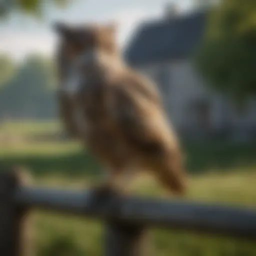 Majestic owl decoy perched on a fence near farm field