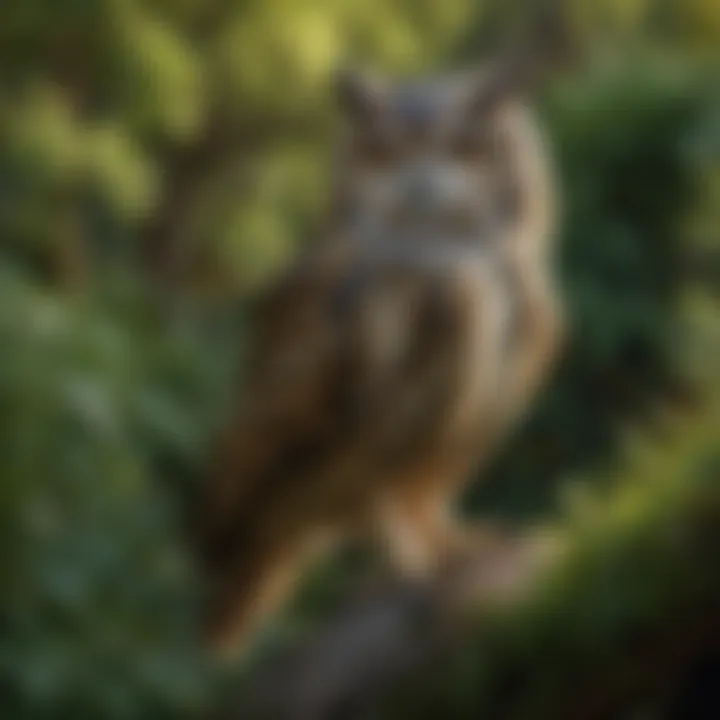 Owl decoy in action, scaring off pests in a garden setting