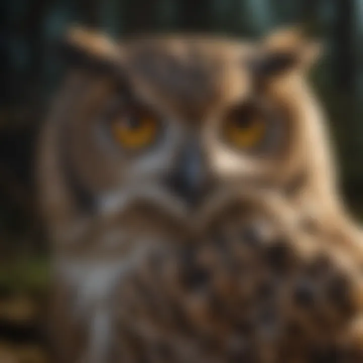 Close-up of realistic owl decoy with glowing eyes in the evening