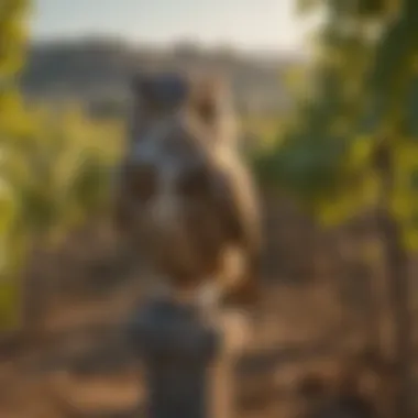Owl decoy overlooking a vineyard, protecting the grapevines