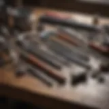 A close-up of a plumber's tools arranged on a workbench