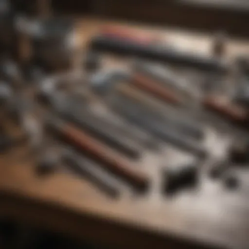 A close-up of a plumber's tools arranged on a workbench