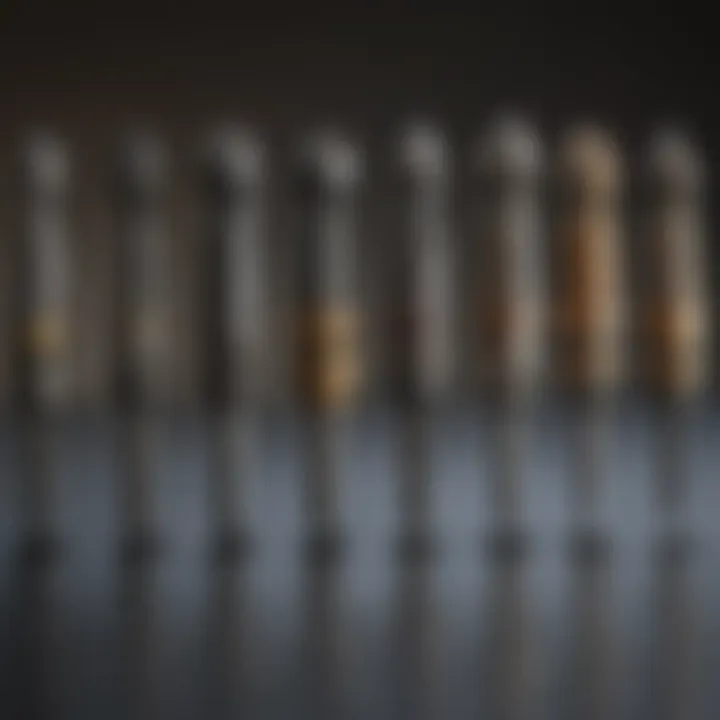 A variety of screwdriver bit types displayed on a workbench