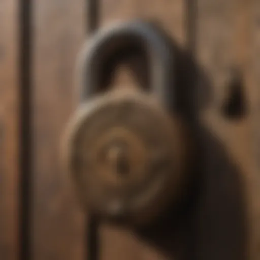 A close-up view of a vintage padlock resting on an antique wooden surface, showcasing its intricate design.
