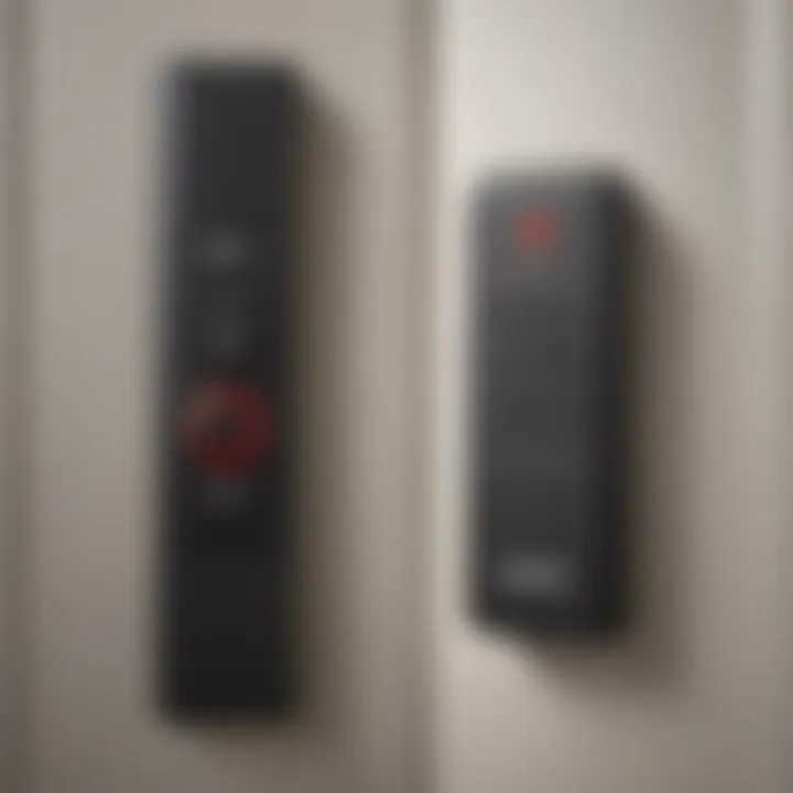 Close-up view of remote control for screen door opener showcasing advanced features
