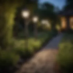 Elegant outdoor double light fixture illuminating a garden pathway