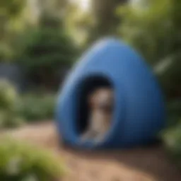 A beautifully designed indigo igloo dog house in a serene garden setting