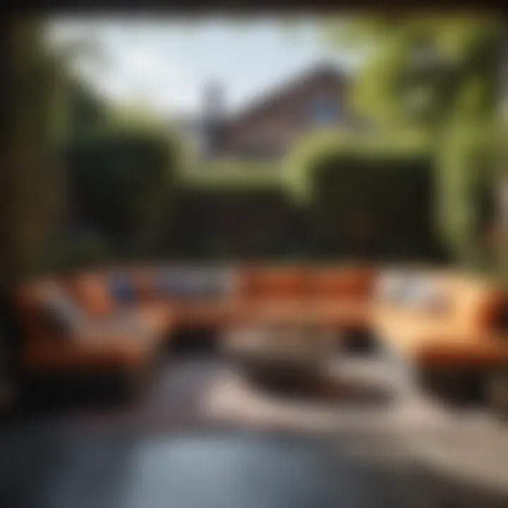 Vibrant outdoor lounge area complete with cushions and side tables