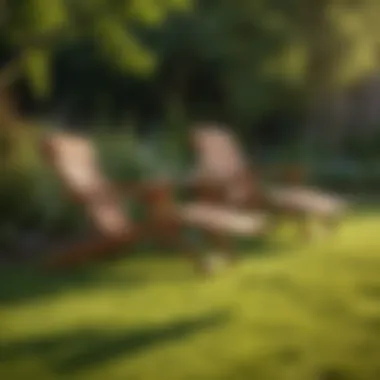 Crafted Wooden Lawn Chairs Beautifully crafted wooden lawn chairs in a serene garden setting