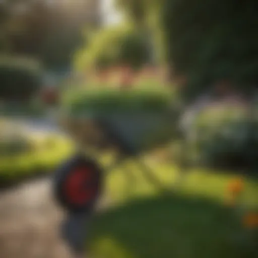 A sleek modern wheelbarrow in a vibrant garden setting