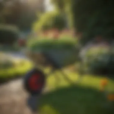 Modern Wheelbarrow in Garden A sleek modern wheelbarrow in a vibrant garden setting