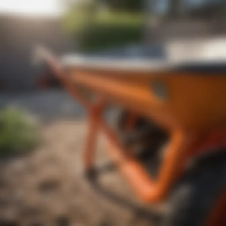 Close-up of wheelbarrow structural components and material choices