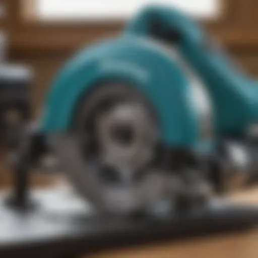 Close-up view of the Makita Skill Saw highlighting its blade and motor