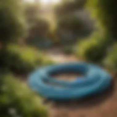 Short Coiled Water Hoses in Garden Short coiled water hoses in a vibrant garden setting showcasing practical application.