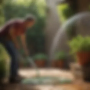 User Utilizing Short Coiled Water Hose A user efficiently utilizing a short coiled water hose for watering plants.