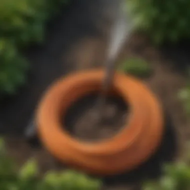 A top-down view of a high-pressure garden watering hose watering plants in a garden bed