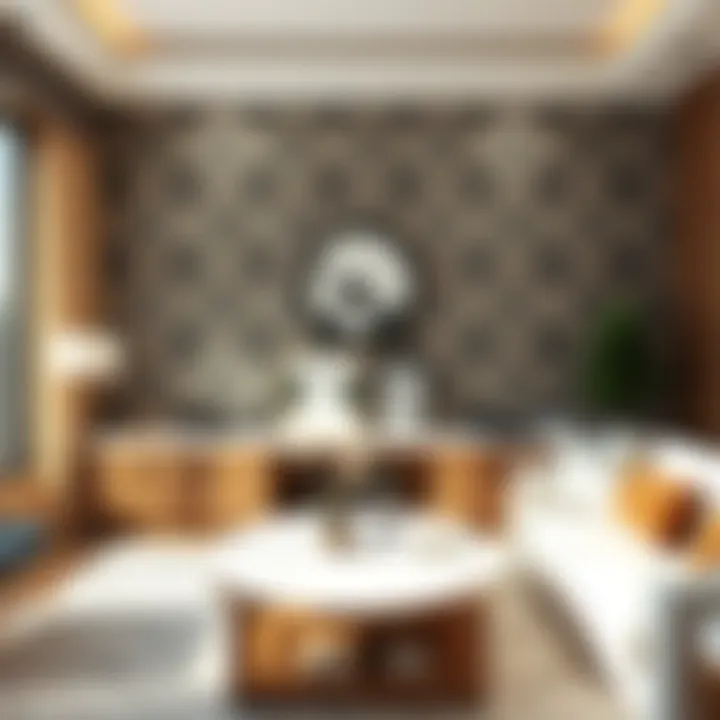 Stylish living room featuring sticky tiles as wall decor