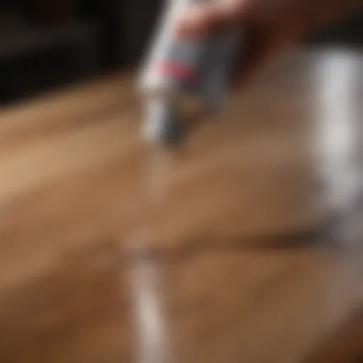 Close-up view of polycrylic spray application on wood surface