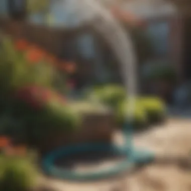 A vibrant garden scene where a hose is in use, watering plants.