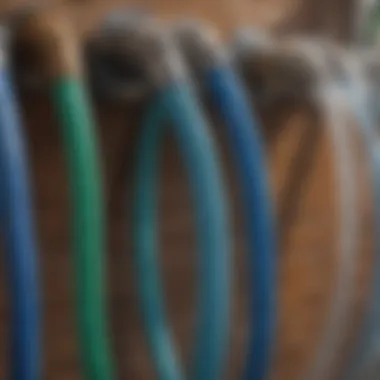 Comparison of Different Yard Water Hoses Various types of yard water hoses arranged neatly for comparison.