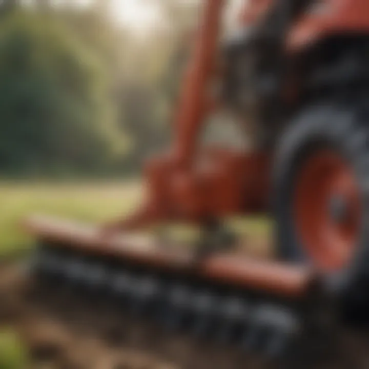 A close-up view of a rear tine tiller showcasing its robust design and features.