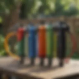 Diverse hose sprayer types arranged on a garden table
