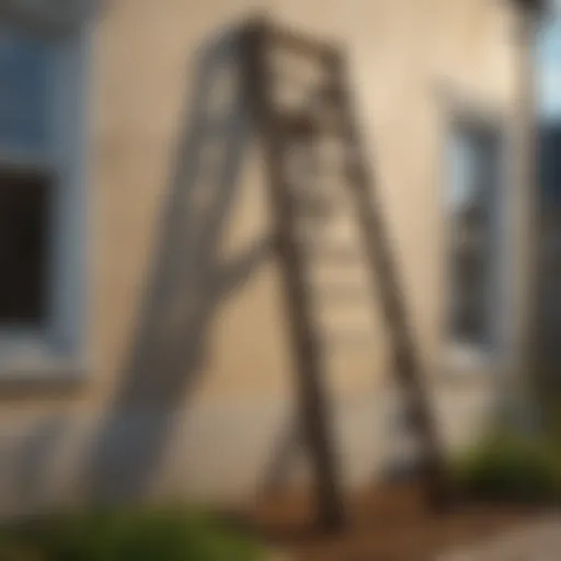 A sturdy 32 ft ladder positioned against a house for maintenance.