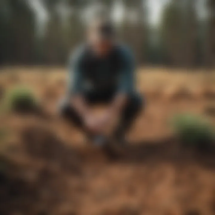 A farmer applying fine pine shavings to improve soil structure in an agricultural field.