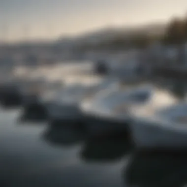 A tranquil marina scene featuring multiple boats adorned in varying shades of gray paint.