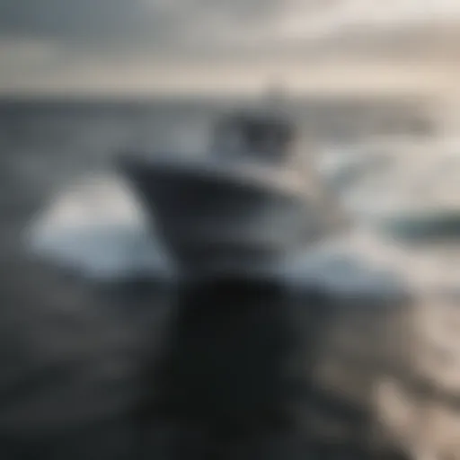 Sophisticated Gray Boat in Ocean A sleek boat painted in a sophisticated shade of gray, reflecting the ocean waves.