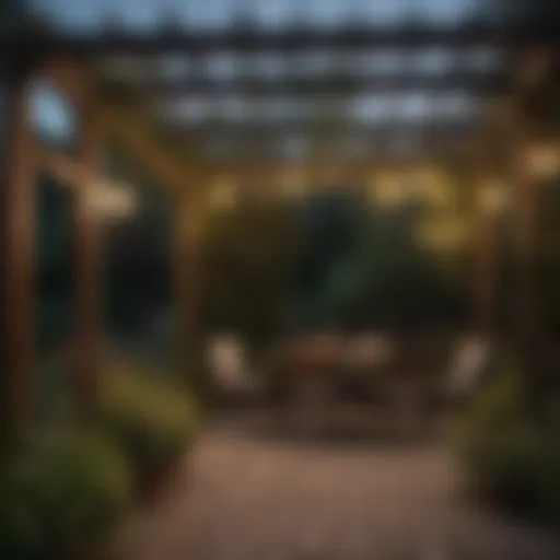 Outdoor lights hanging on pergola overlooking garden