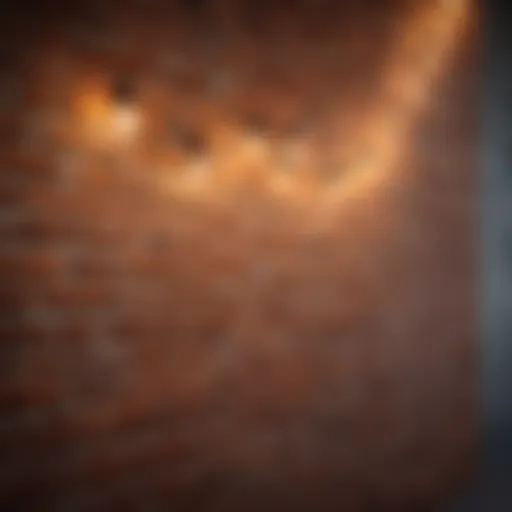 Close-up of string lights elegantly draped against a textured brick wall, showcasing vibrant illumination.