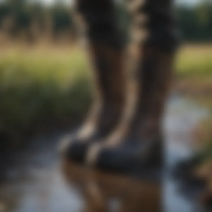 Hunting muck boots being tested in wet marshland