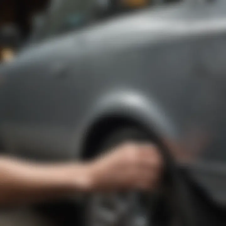 An application of rubbing compound on a car surface to demonstrate scratch repair.