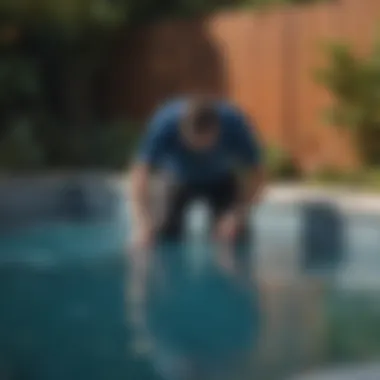 A pool owner inspecting repaired liner for quality